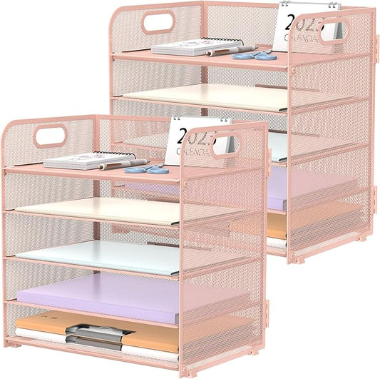 2 Pack 5-Tier Pink Desk Organizer with Handle Mesh Desk File/Paper Organizer Letter Tray for Office, School and Home Easy Installation
