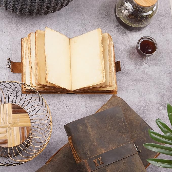 LEATHER VILLAGE Leather Bound Vintage Journal for Women & Men - Book of Shadows - Lock Closure - 200 Pages of Antique Deckle Edges Handmade Paper - Rustic Brown Color - 10 X 7 inches