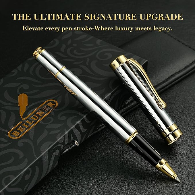 BEILUNER Ballpoint Pens, Stunning Bright Silver Chrome Metal Pen with Golden Trim, Best Ball Pen Gift Set for Men & Women, Professional, Executive, Office,Fancy-Gift Box with 0.5mm Black Extra Refill