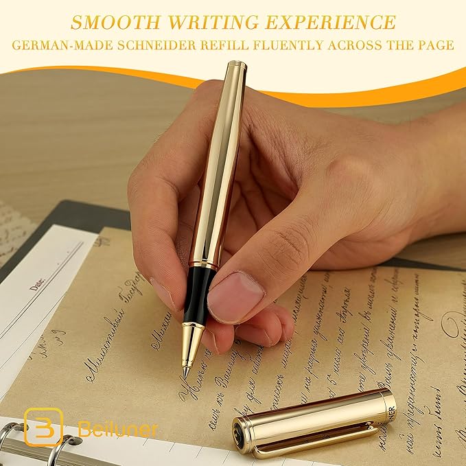 BEILUNER Luxury Gold Rollerball Pen, Stunning Pens with 24K Gold Finish, Noble and Elegant Designs,Schneider Ink Refill, Fancy Gift Set for Men & Women, Executive Writing, Office, Nice Graduation Gift