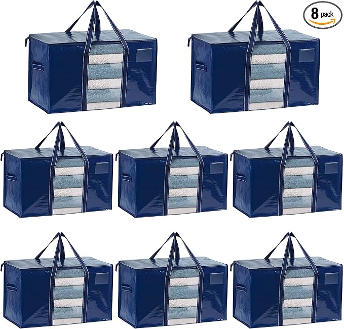 VENO 8 Pack Moving Bags, Moving Supplies, Moving Boxes, College Packing Storage Boxes with Lids Alternative, Heavy Duty Totes, Extra Large, Sturdy Handles, Zipper (Blue with Window, 8 Pack)