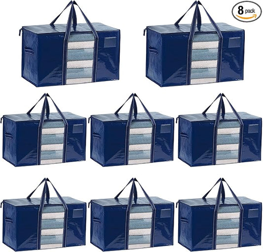 VENO 8 Pack Moving Bags, Moving Supplies, Moving Boxes, College Packing Storage Boxes with Lids Alternative, Heavy Duty Totes, Extra Large, Sturdy Handles, Zipper (Blue with Window, 8 Pack)