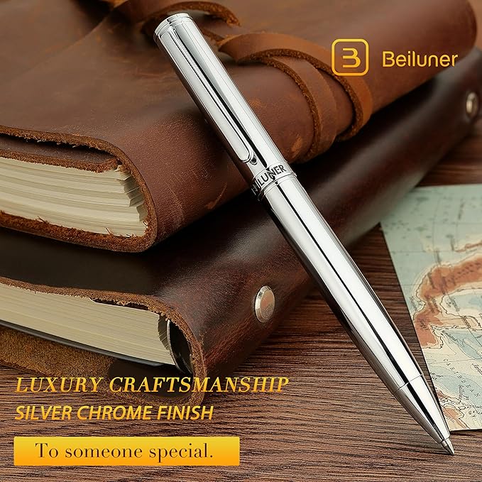 BEILUNER Silver Gel Pen - Luxury Featuring Bright Chrome Finishes, Black Ink Refill, Best Pen Gift Set for Men & Women, Business Signature, Executive, Office Retractable,Nice Fancy Designer Pens