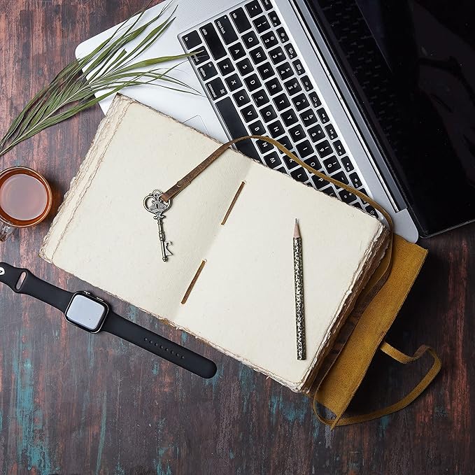 LEATHER VILLAGE Vintage Leather Journal – 200 Handmade Vintage Deckle Edge Paper – Leather bound Journal For Women Men – Vintage Key Closure - Book of Shadows - Black - 10X7 inches