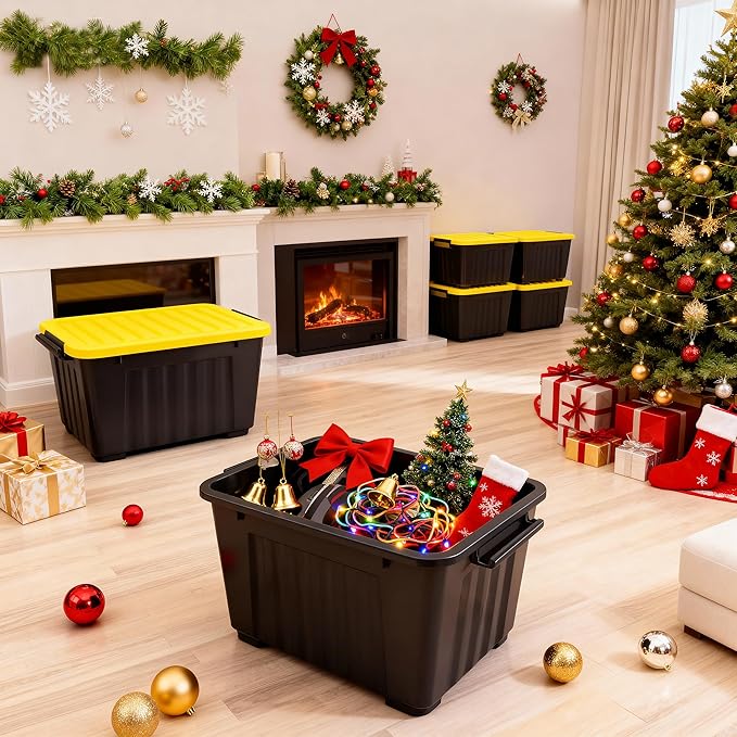 Nazhura 72 Quart Plastic Storage Bin, Stackable and Nestable Storage Boxes with Yellow Lids and Secure Latching Buckles, Large Storage Container (Black/Yellow, 72Quart-4Pack)