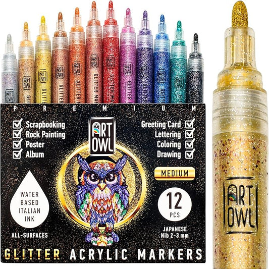Acrylic Glitter Paint Marker Pens, Medium Pens for Rock Painting, Stone, Ceramic, Glass, Wood, Fabric, Card Making, Canvas, DIY Crafts - Set of 12 Sparkle Paint Markers