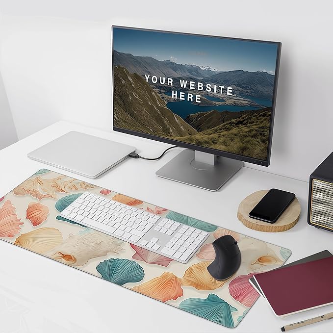 Ocean Themed Mouse Pad, XXL Seashell Desk Mat, Summer Beach Design, 35.4 x 15.8 inches,Girly Summer Coastal Gaming Pads,Girly Laptop Desk Mat