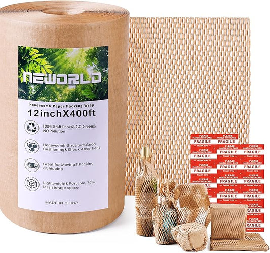 Neworld Honeycomb Packing Paper,12" x 400' Eco Friendly Bubble Cushioning Wrap for Moving,Products & Gifts Wrapping Paper,Recyclable Cushioning Packing Material With 20 Fragile Sticker Labels