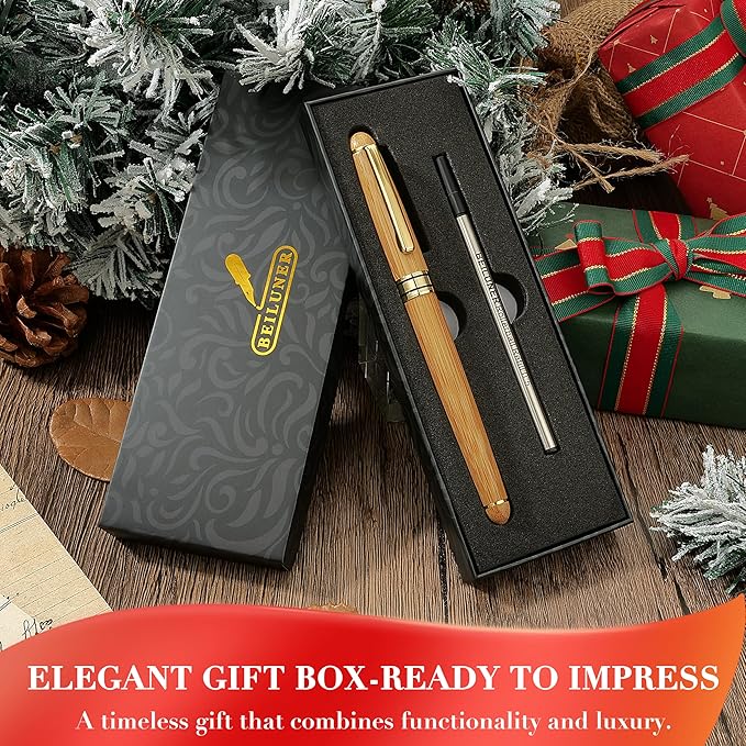 BEILUNER Luxury Wood Ballpoint Pen Writing Set,Bamboo-Elegant Nature Nice Gift Pen Set for Signature Executive Business Office Fancy Writing Supplies - Christmas Gift Boxed with Spare Refills (Black)