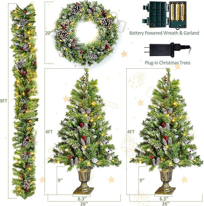 Merax Prelit Christmas Tree Set of 4pc, Set of 2 Artificial Potted Christmas Entrance Trees with Lights, Christmas Wreath, and 9FT Garland for Fireplace Front Porch Seasonal Holiday Decoration