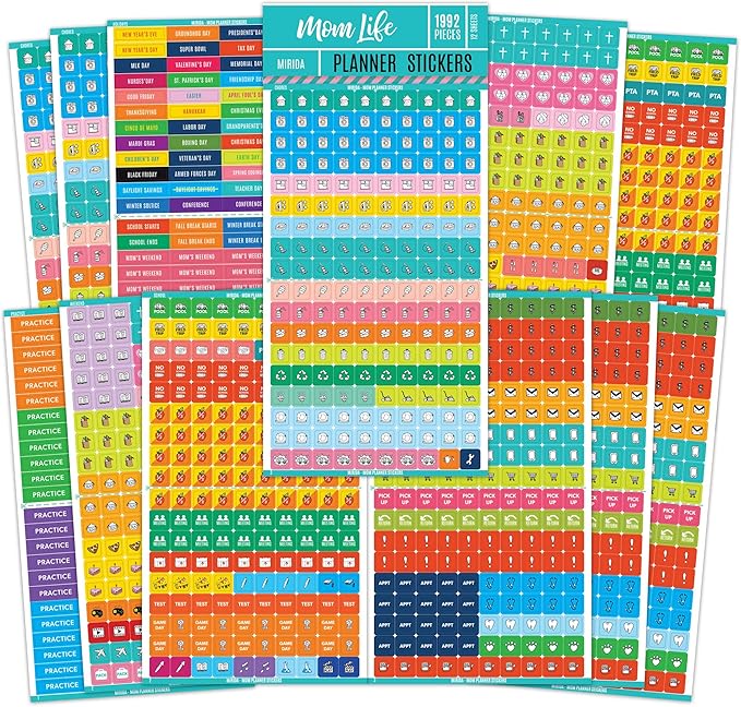 Mirida Planner Stickers - 1900+ Mom Calendar Icons, Variety Pack - Household Chores, Budget, Kids’ School Events, Daily Errands for Adults Organizer