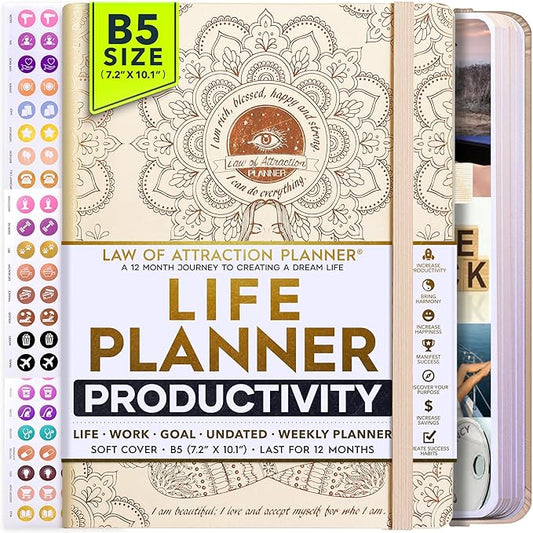 Law of Attraction Planner – Undated Hourly, Weekly & Monthly Goal Setting Planner, 12-Month to Increase Productivity | Life & Gratitude Journal, Include Foldable Vision Board, Gift Box & Stickers