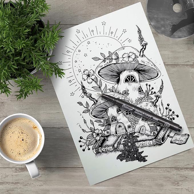 Bianyo Black Art Pen Set - 12 Assorted Sizes Fine Line Drawing, Upgraded Pigment Ink, Water-Resistant Archival Pens for Artists, Crafters, and Journaling