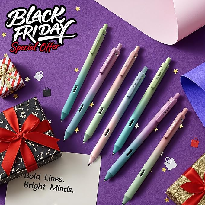 Writech Retractable Gel Ink Pens: 8ct Black Ink 0.5mm Fine Point Tip Pen Comfort Grip Smooth Writing with Aesthetic Gradient Color Barrel for Journaling Note Taking Sketching No Bleed & Smear