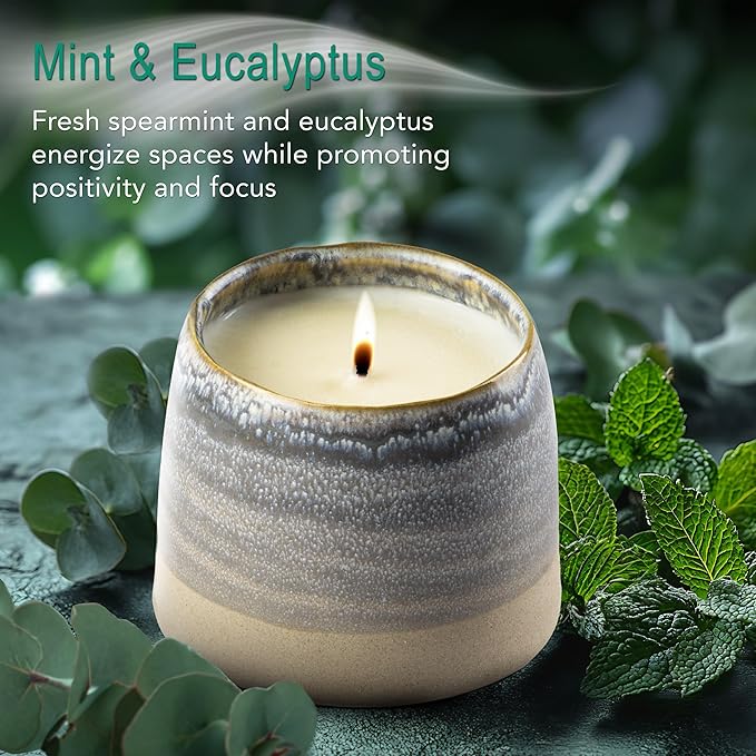 Hyggelight - The Growing Candle, Mint & Eucalyptus Scented, 10oz Ceramic Pot, Aromatherapy Candles, 100% Soy, Greta