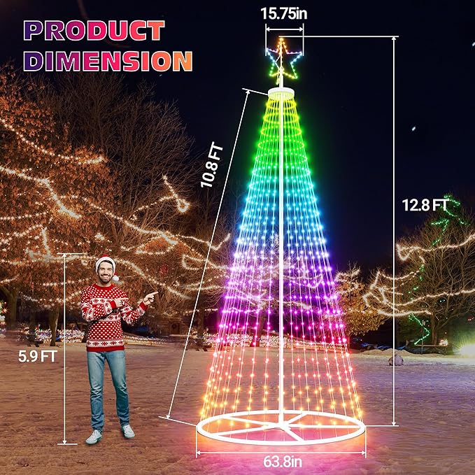 Led Outdoor Christmas Tree, 12.8 FT Prelit Smart Outside Christmas Tree Light Show, App Control with 660 LED Lights Color Changing, Music Sync, Cone Tall Star Topped Christmas Tree for Yard & Garden