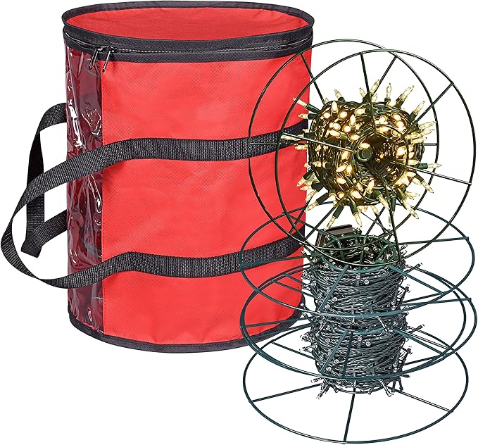 ProPik Christmas Light Storage Bag | Holiday Light Storage Organizer with 3 Metal Reels for Tree Lights & Extension Cords Constructed of Durable 600D Oxford Material with Clear PVC Window (Red)