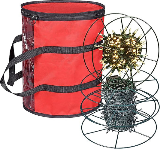 ProPik Christmas Light Storage Bag | Holiday Light Storage Organizer with 3 Metal Reels for Tree Lights & Extension Cords Constructed of Durable 600D Oxford Material with Clear PVC Window (Red)