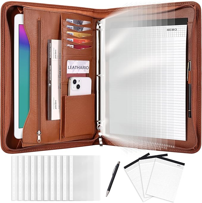 Leathario Portfolio Binder, Includes 10 Sheet Protectors and 3 Notepads, 3-Ring Folder Organizer, A4 Padfolio with Zipper, Vegan Leather Tablet Sleeve, Business Office Conference Clipboards