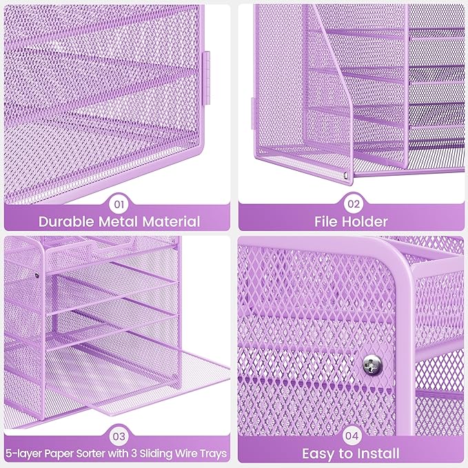 Lavatino 5-Tier Metal Mesh Desk Organizer with File Holder & 7 Customizable Compartments | Paper Letter Tray for Office or Home Desk Storage | Keep Workspace Supplies Neat & Organized, Purple