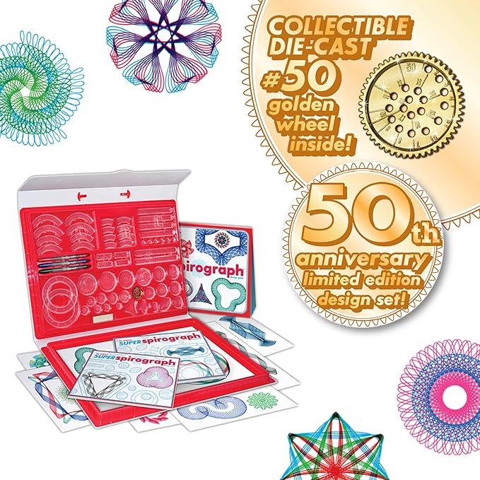 Spirograph Super 50th Anniversary Set –Arts and Crafts, Kids Toys, Art Supplies, Craft Supplies, Drawing Kit, Spiral Art, Classic Gear Design Kit, Case, Pens, Design Sheet Included, Ages 8+