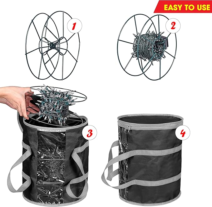 ProPik Christmas Light storage Bag | Holiday Light Storage Organizer with 3 Metal Reels for Tree Lights & Extension Cords Constructed of Durable 600D Oxford Material with Clear PVC Window (Black)