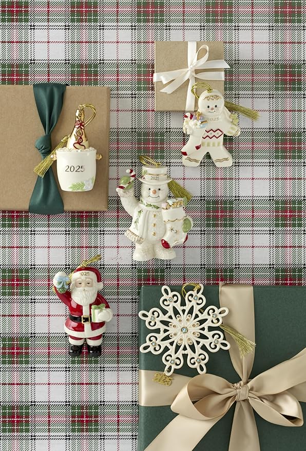 Lenox Ornament, 2025 Snowman with Stocking Christmas Ornament, Made from Porcelain Featuring Gold Accents and Hanging Cord, Snowman with Stocking Design, Christmas Tree Decorations (White, 1 Piece)