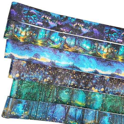 Night Forest Seamless Washi Tape Scrapbook Kit – 6 Rolls with Starry Sky, Fairy Woods & Twilight Designs for Journaling, DIY Crafts, Gift Wrapping, Card Making, Decoration, 3.15in Wide