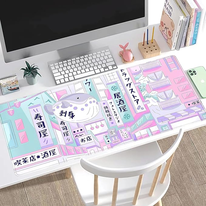 Pastel Tokyo Street Cute Desk Mat - Kawaii Anime Japanese Large Gaming Mousepad - Beige Desktop Laptop Keyboard Mouse Pad - City Aesthetics for Women Girl 31.5x15.75 in