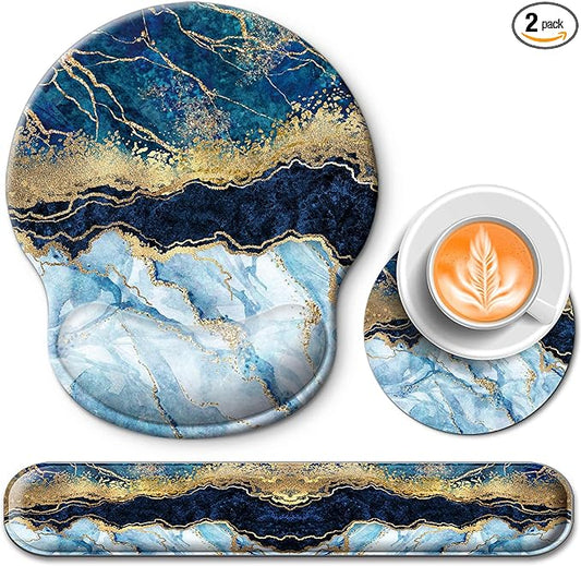 Mouse Pad with Non-Slip PU Base,Gel Mouse Pad with Coaster,Pain Relief for Gaming, Computer,Office -White Blue Marble