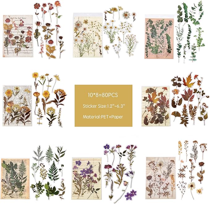 Maxleaf Botanic Series Sticker, 80PCS Large Dried Flowers Waterproof Transparent Stickers, PET Nature Plant Floral Stickers for Journaling Scrapbooking, Clear Flower Decals