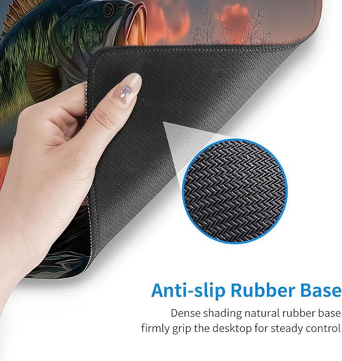 Large Gaming Mouse Pad with Bass Fish Sunset Design, Non-Slip Rubber Base, Stitched Edges, Extended Size 35.4 x 15.8 inches