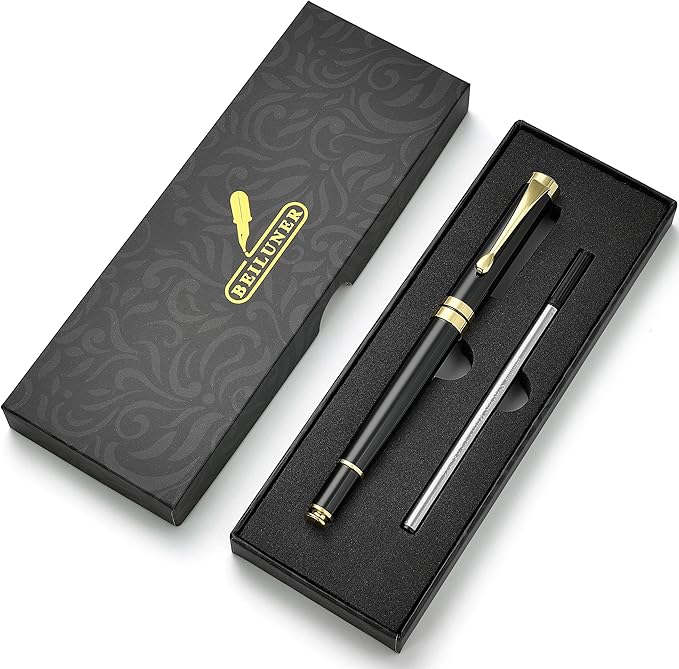 BEILUNER Personalized Ballpoint Pens, Stunning Black Chrome Metal Pen with Golden Trim, Best Ball Pen Gift Set for Men & Women, Executive, Office, Nice Pens-Gift Box with 0.5mm Black Extra Refill