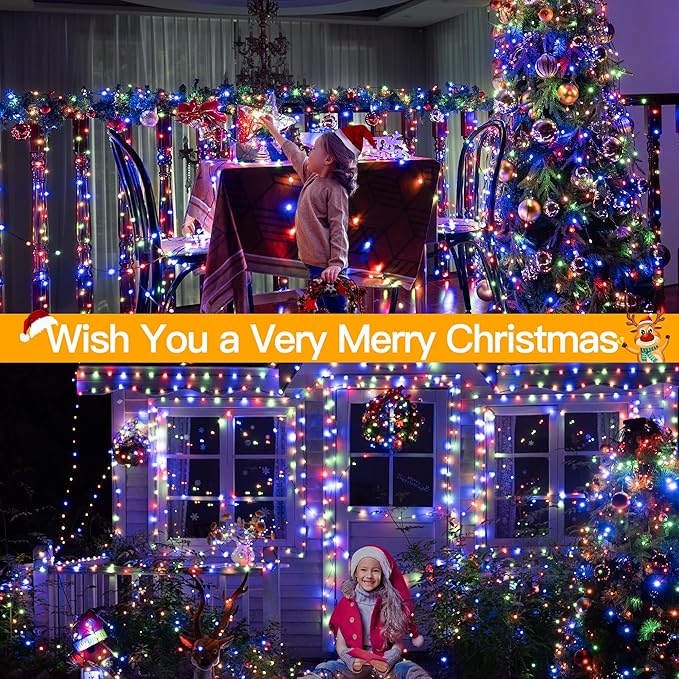 Ollny Christmas Lights 800 LED 262FT Plug in, IP67 Waterproof Green Wire Outdoor Christmas Lights with Remote, 8 Modes with Timer String Light for House Indoor Xmas Decorations Multicolored