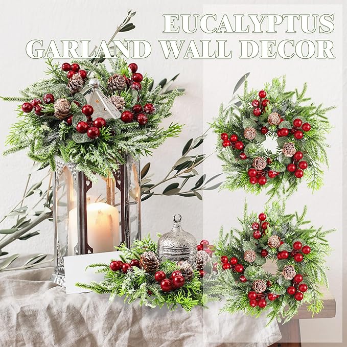 Lyrow 6 Pcs Christmas Candle Rings Wreath Xmas Kitchen Cabinet Mini Wreath Artificial Berries Snowy Pine Candle Ring Holder for Christmas Chandelier Home Table Centerpiece Indoor Decor