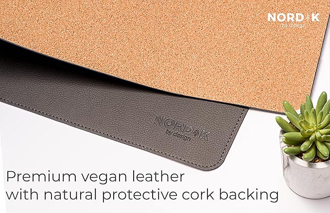 Nordik Cork Leather Desk Mat Cable Organizer - Gunmetal Grey 35 X 17 inch - Premium Extended Mouse Mat for Home Office Accessories - Non-Slip Vegan Leather Desk Pad Protector & Desk Blotter Pad