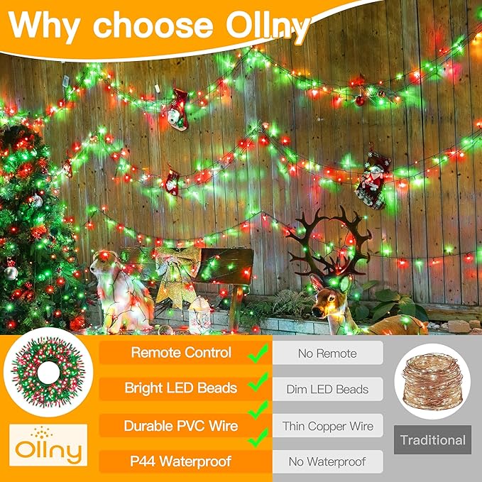 Ollny Christmas Lights 400LED 132FT, Remote Plug-in Red & Green Tree Lights with Timer and 8 Modes, Waterproof for Indoor/Outdoor Xmas Decorations