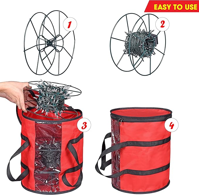 ProPik Christmas Light Storage Bag | Holiday Light Storage Organizer with 3 Metal Reels for Tree Lights & Extension Cords Constructed of Durable 600D Oxford Material with Clear PVC Window (Red)