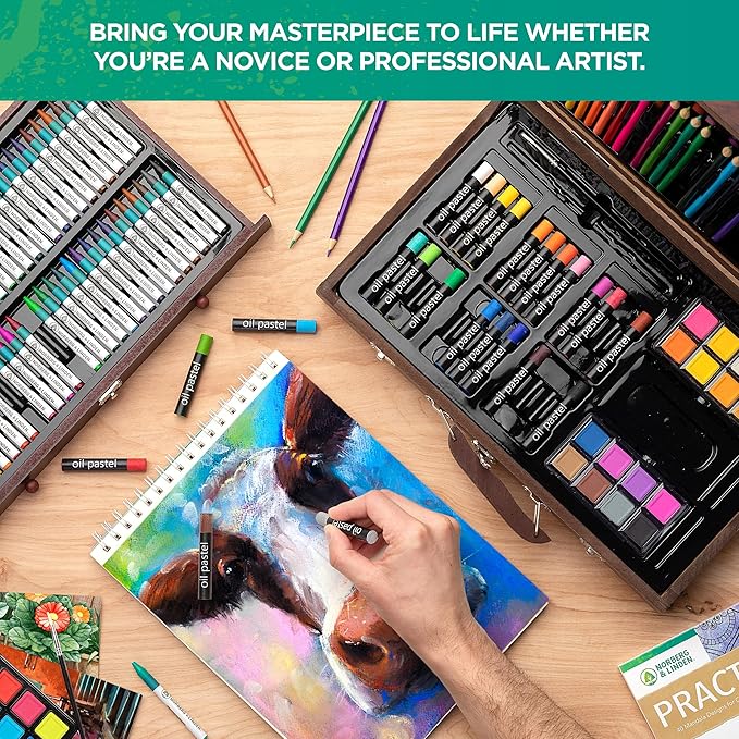 Norberg & Linden 144-Piece Art Set in Wooden Box with Drawer - Art Set for Adults, Teens, Kids - Premium Art Supplies - Includes Watercolors, Oil Pastels, Crayons, & More