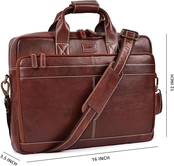 LEATHER VILLAGE 16" Leather Laptop Messenger Briefcase Bag for Men-Leather Satchel for Travel and Office Shoulder Bag-Red Brown
