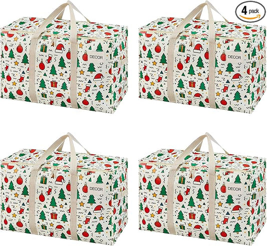 VENO 4 Pack Moving Bags and Large Christmas Storage Bins with lids. Alternative to Moving Boxes, Packing Supplies for College. Extra Large Heavy Duty Totes for Packaging (Jingle Mix, 4 Pack)
