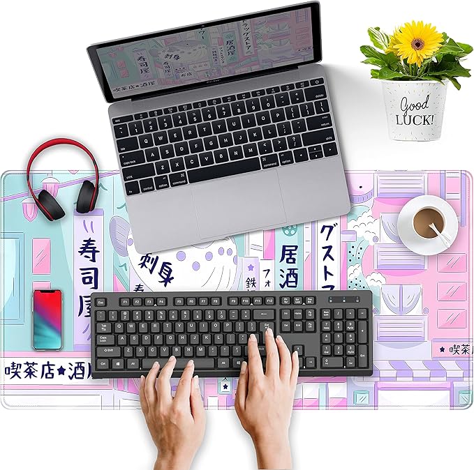 Pastel Tokyo Street Cute Desk Mat - Kawaii Anime Japanese Large Gaming Mousepad - Beige Desktop Laptop Keyboard Mouse Pad - City Aesthetics for Women Girl 31.5x15.75 in