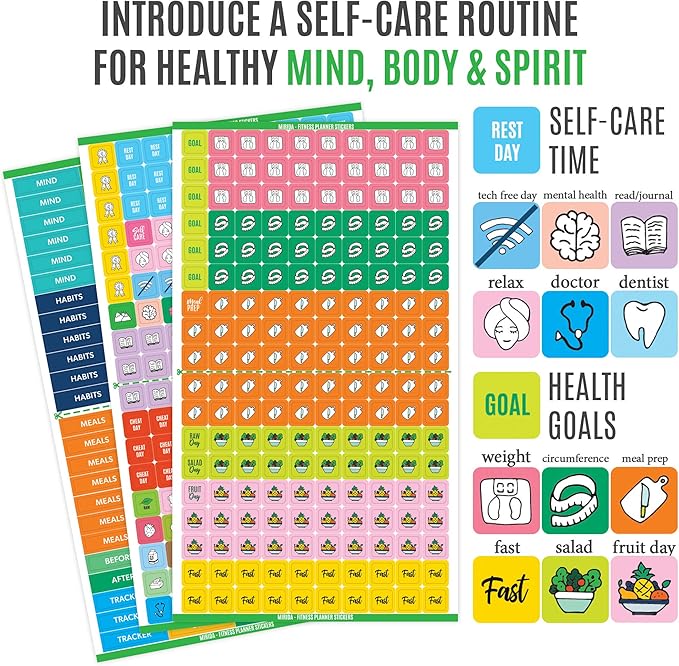 Mirida Planner Stickers - Fitness Pack of 2076 Mini Icons for Workout, Healthy Diet, Gym Exercise, and Habits - for Calendar and Journal