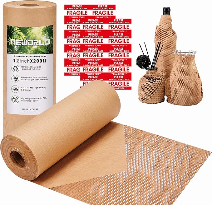 Neworld Honeycomb Packing Paper,12" x 200' Eco Friendly Packing Paper Alternative to Bubble Cushioning Wrap for Moving Shipping Packing, Recyclable Moving Supplies Bubble Packing Wrap Protective Roll