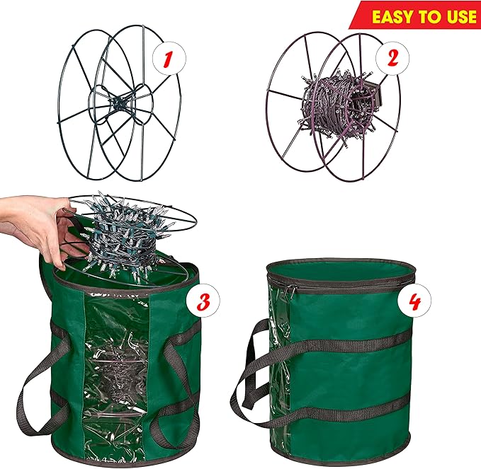 ProPik Christmas Light storage Bag | Holiday Light Storage Organizer with 3 Metal Reels for Tree Lights & Extension Cords Constructed of Durable 600D Oxford Material with Clear PVC Window (Green)
