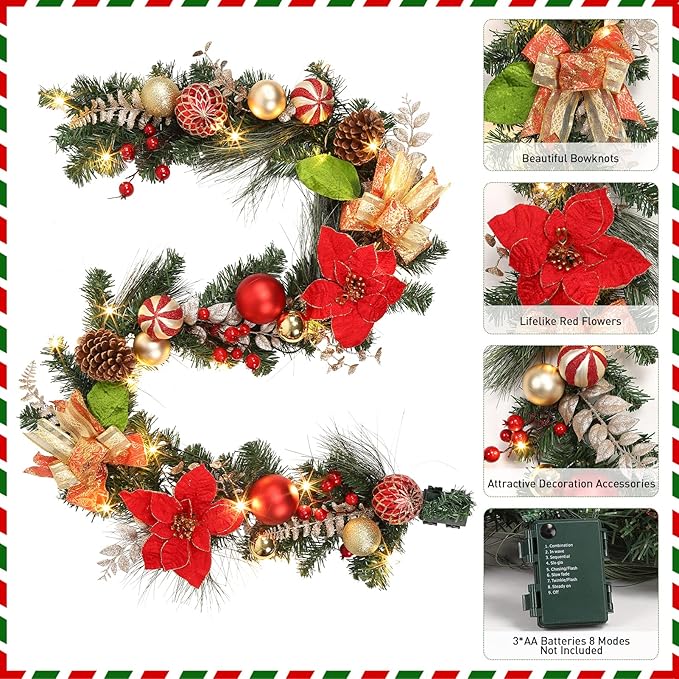 LinTimes Christmas Garland with Lights, Pre-lit Red Garland Decoration with 20 LEDs, Battery Operated Garland with Red Flowers Ball Ornaments Gold Bow, Mantle Fireplace Holiday Party Decoration