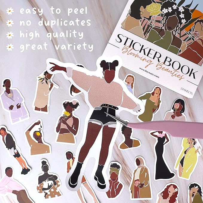 People Scrapbook Sticker Set - 318 Journaling Scrapbooking Stickers. Planner Sticker Dolls with Diverse Girls & Black Women, Flowers, and Quotes