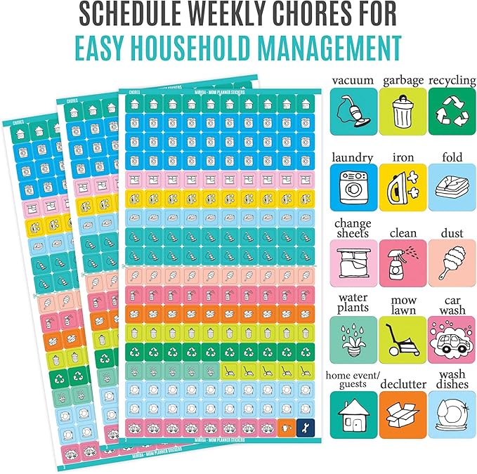Mirida Planner Stickers - 1900+ Mom Calendar Icons, Variety Pack - Household Chores, Budget, Kids’ School Events, Daily Errands for Adults Organizer