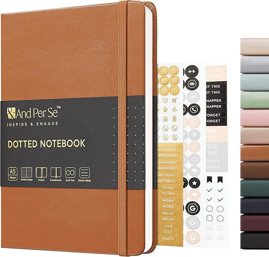 &And Per Se Dotted Journal Notebook, A5 Hardcover Leather Bullet Dotted Journal, 160 Pages 100 gsm Thick Paper, 3 Sheets of Stickers Included- 5.7'' x 8'' (Light Brown)