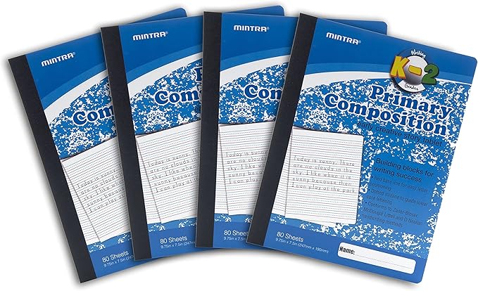 Mintra Primary Composition Notebook, 4 Pack, Blue Cover, 80 Sheets, 7.5in x 9.75in, Full Sheet, Ruled with Drawing Area, Flexible Hardcover Journal, Grades K-2, School & Home Use